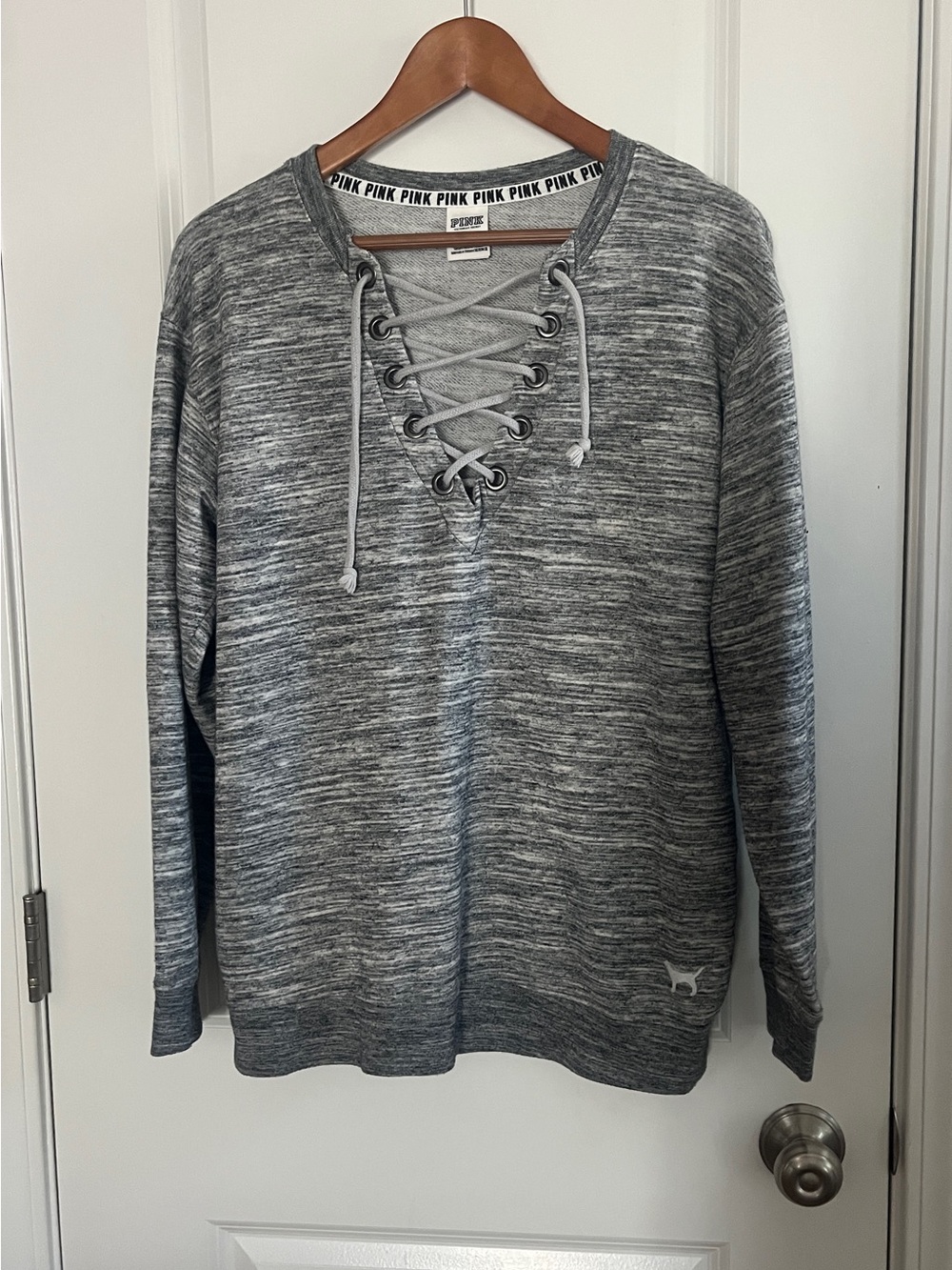 Victoria's Secret PINK Heather Gray Lace-Up V-Neck Sweater